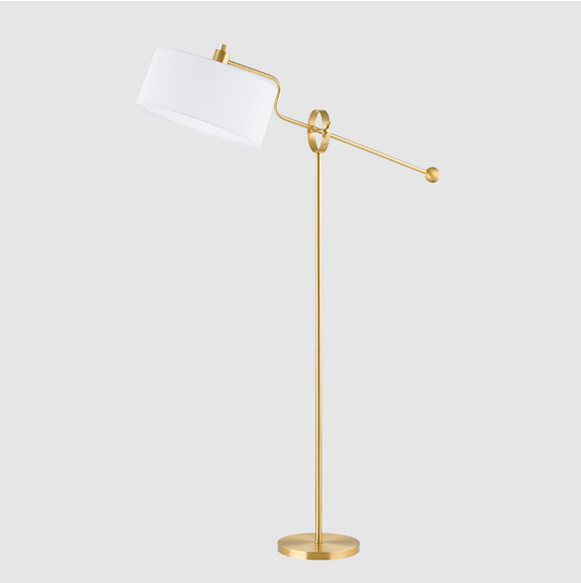 Modern Brass Floor Lamp - Adjustable Arm - White Shade